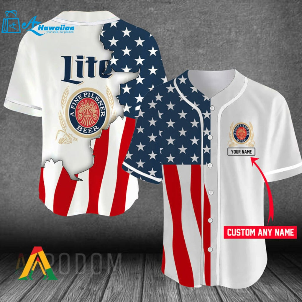 Personalized US Flag Miller Lite Baseball Jersey