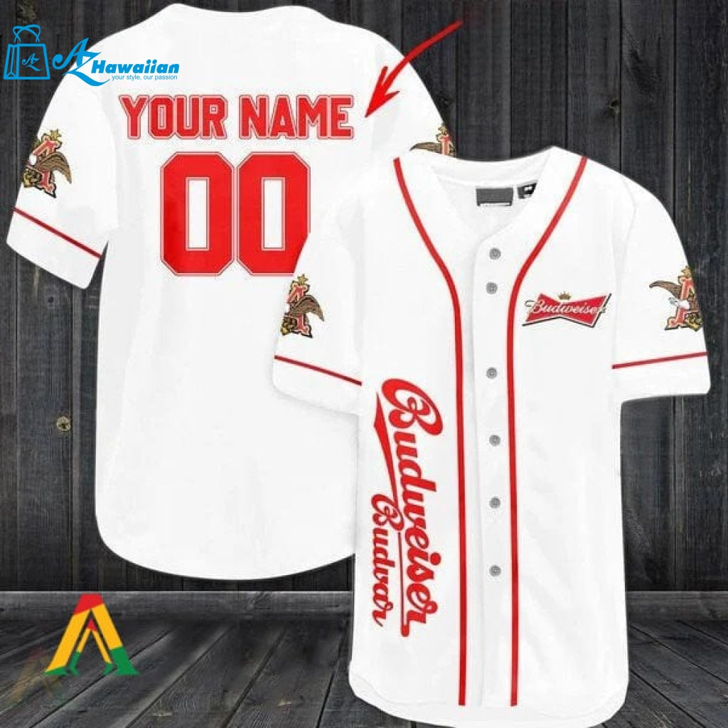 Personalized White Budweiser Beer Baseball Jersey