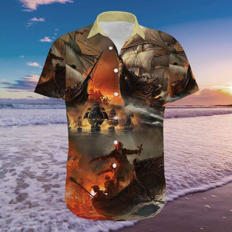 Amazing Fighting Pirate Ship Hawaiian Aloha Shirts #211H