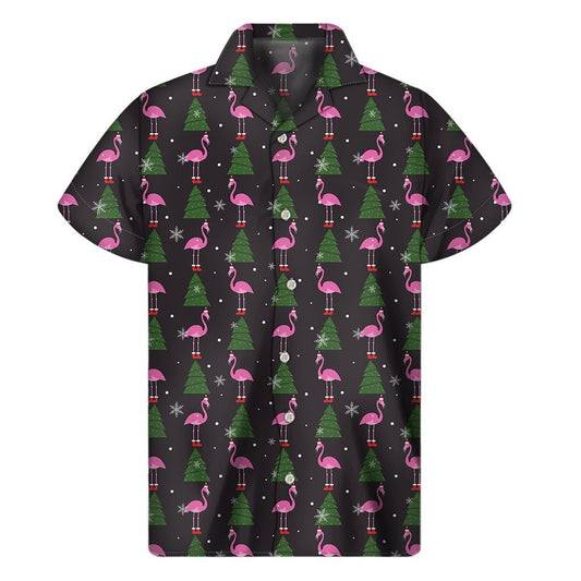 Pink Christmas Flamingo Pattern Print Mens Short Sleeve Shirt Hawaiian