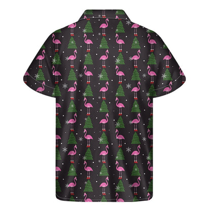 Pink Christmas Flamingo Pattern Print Mens Short Sleeve Shirt Hawaiian