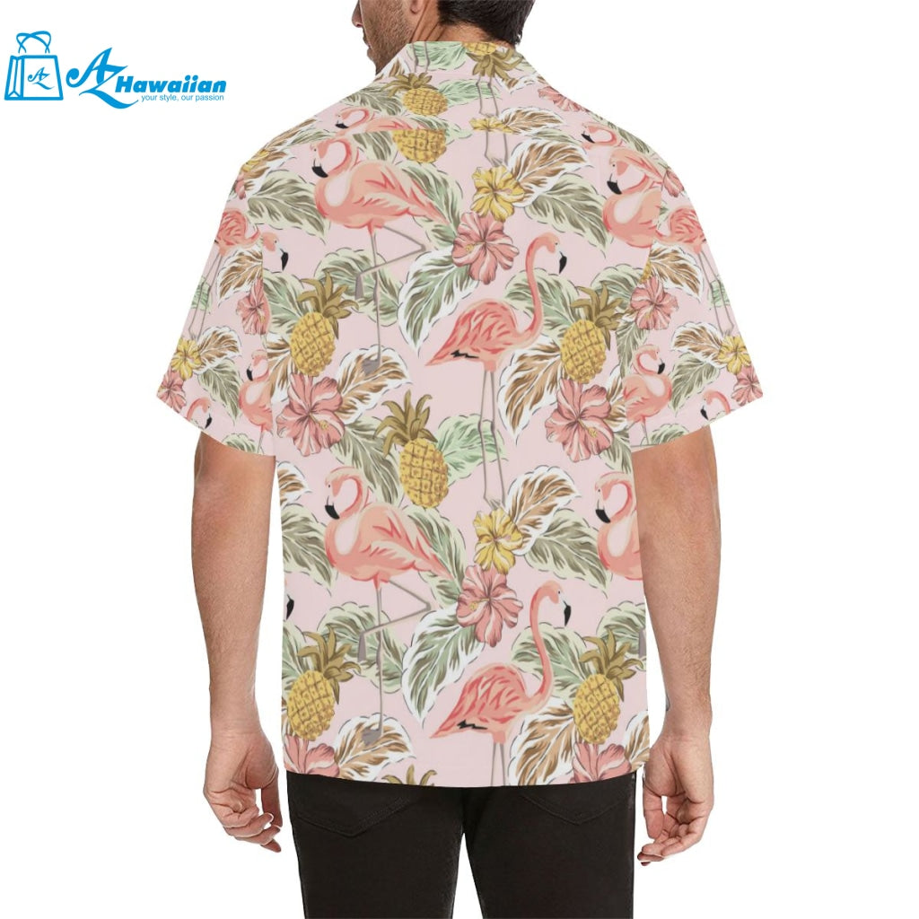 Pink Flamingo Birds Pineapples Hibiscus Flower Pat Mens All Over Print Hawaiian Shirt