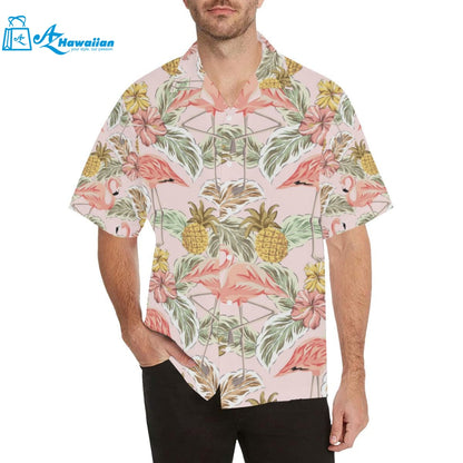 Pink Flamingo Birds Pineapples Hibiscus Flower Pat Mens All Over Print Hawaiian Shirt