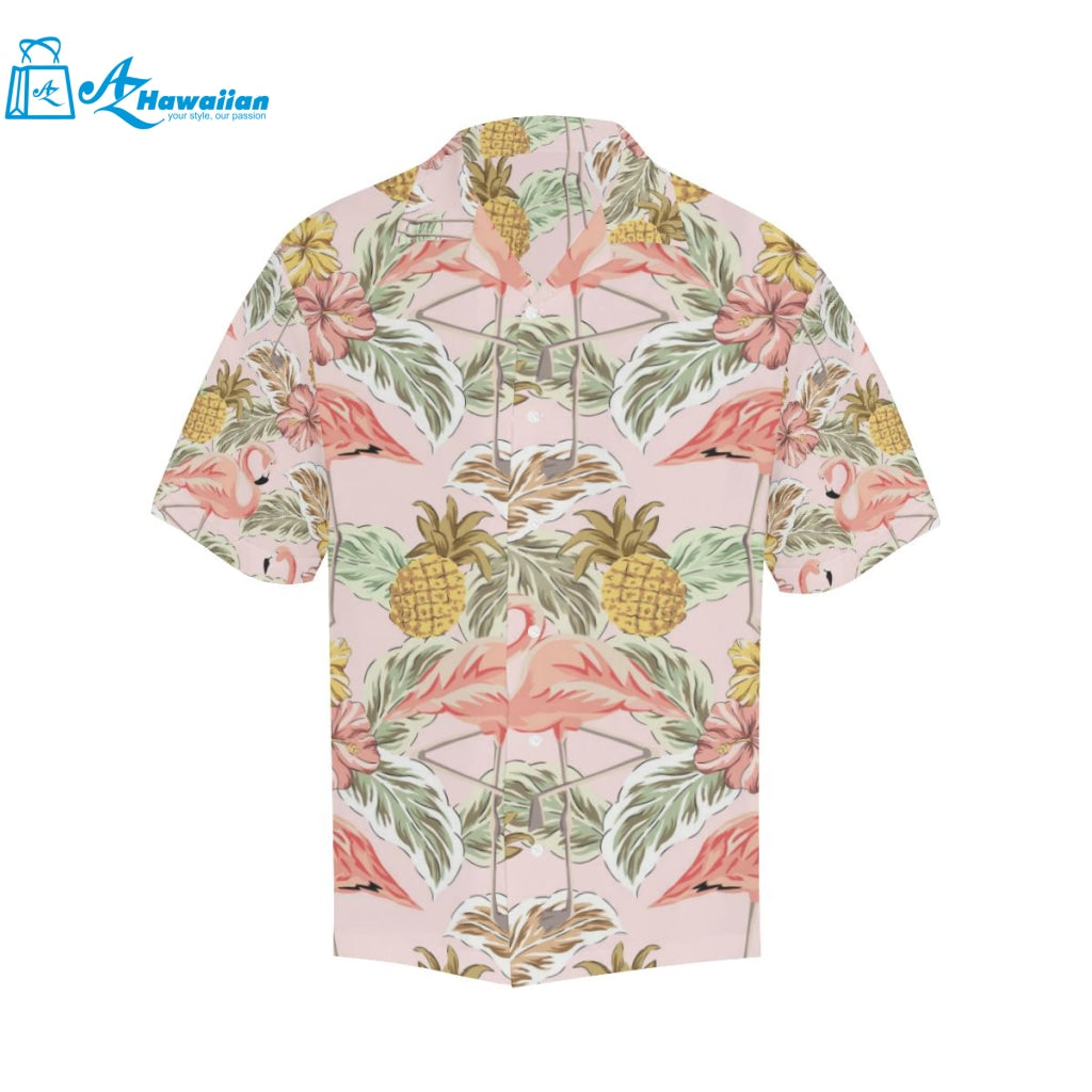 Pink Flamingo Birds Pineapples Hibiscus Flower Pat Mens All Over Print Hawaiian Shirt