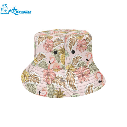 Pink flamingo birds pineapples hibiscus flower pat Unisex Bucket Hat