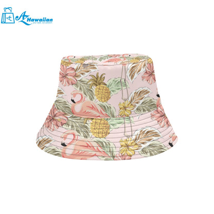 Pink flamingo birds pineapples hibiscus flower pat Unisex Bucket Hat