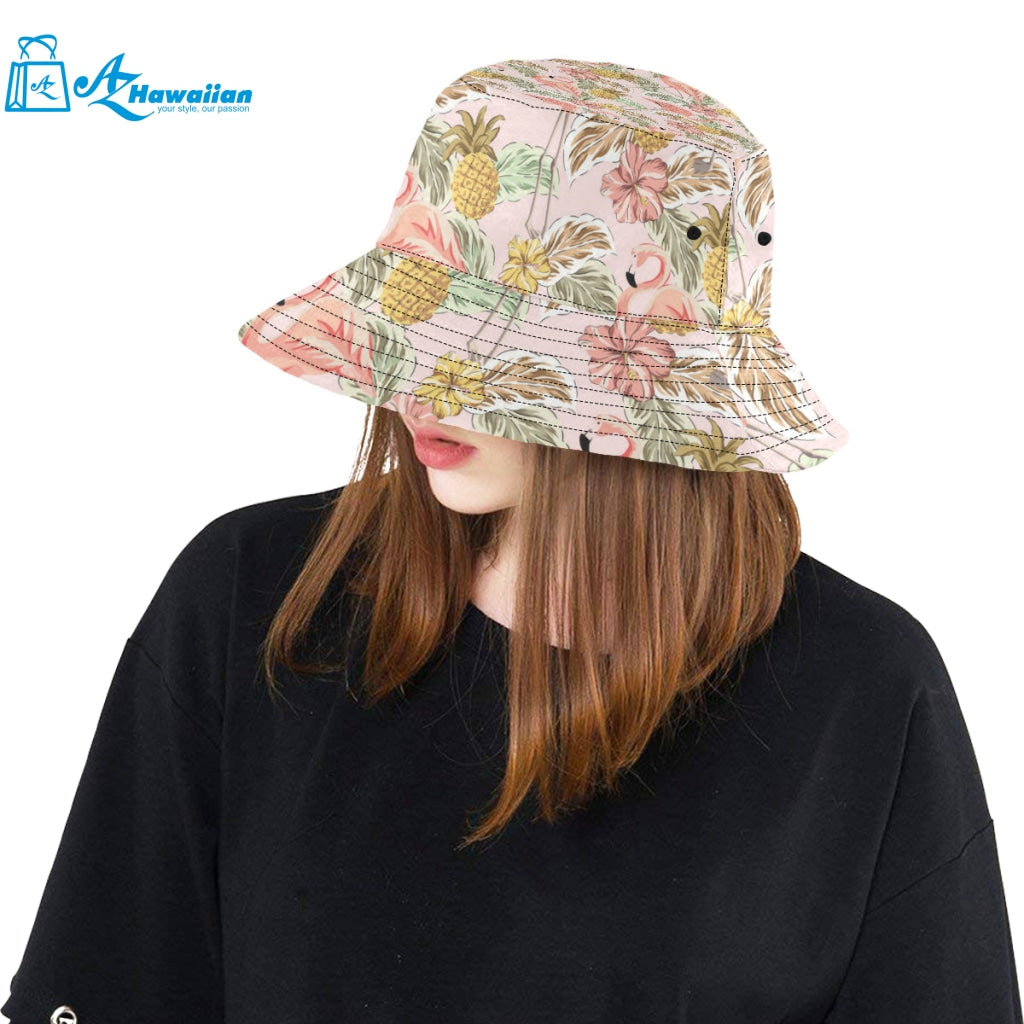 Pink flamingo birds pineapples hibiscus flower pat Unisex Bucket Hat