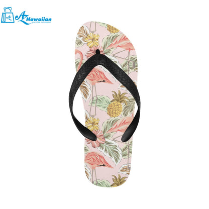 Pink flamingo birds pineapples hibiscus flower pat Unisex Flip Flops