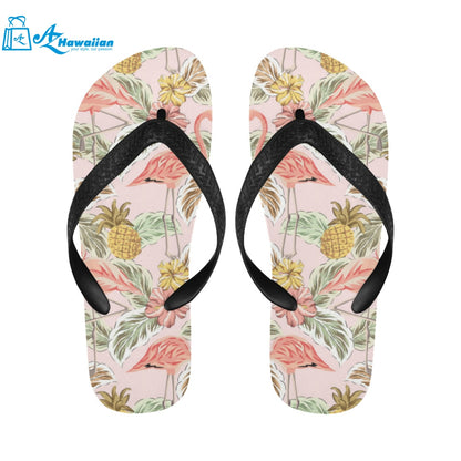 Pink flamingo birds pineapples hibiscus flower pat Unisex Flip Flops