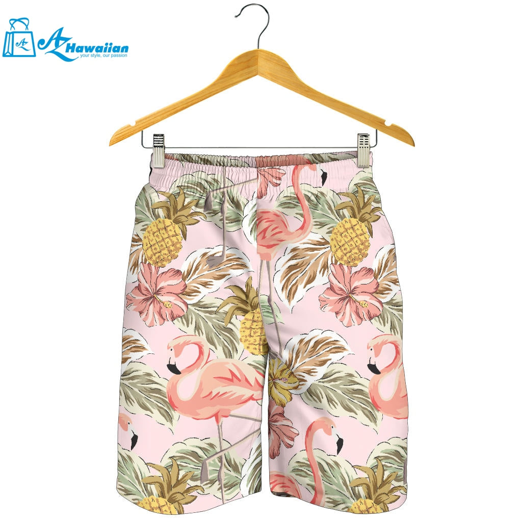 Pink Flamingo Birds Pineapples Hibiscus Flower Pattern Men Shorts