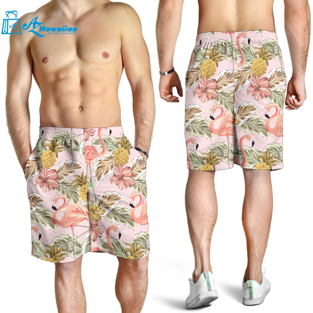 Pink Flamingo Birds Pineapples Hibiscus Flower Pattern Men Shorts