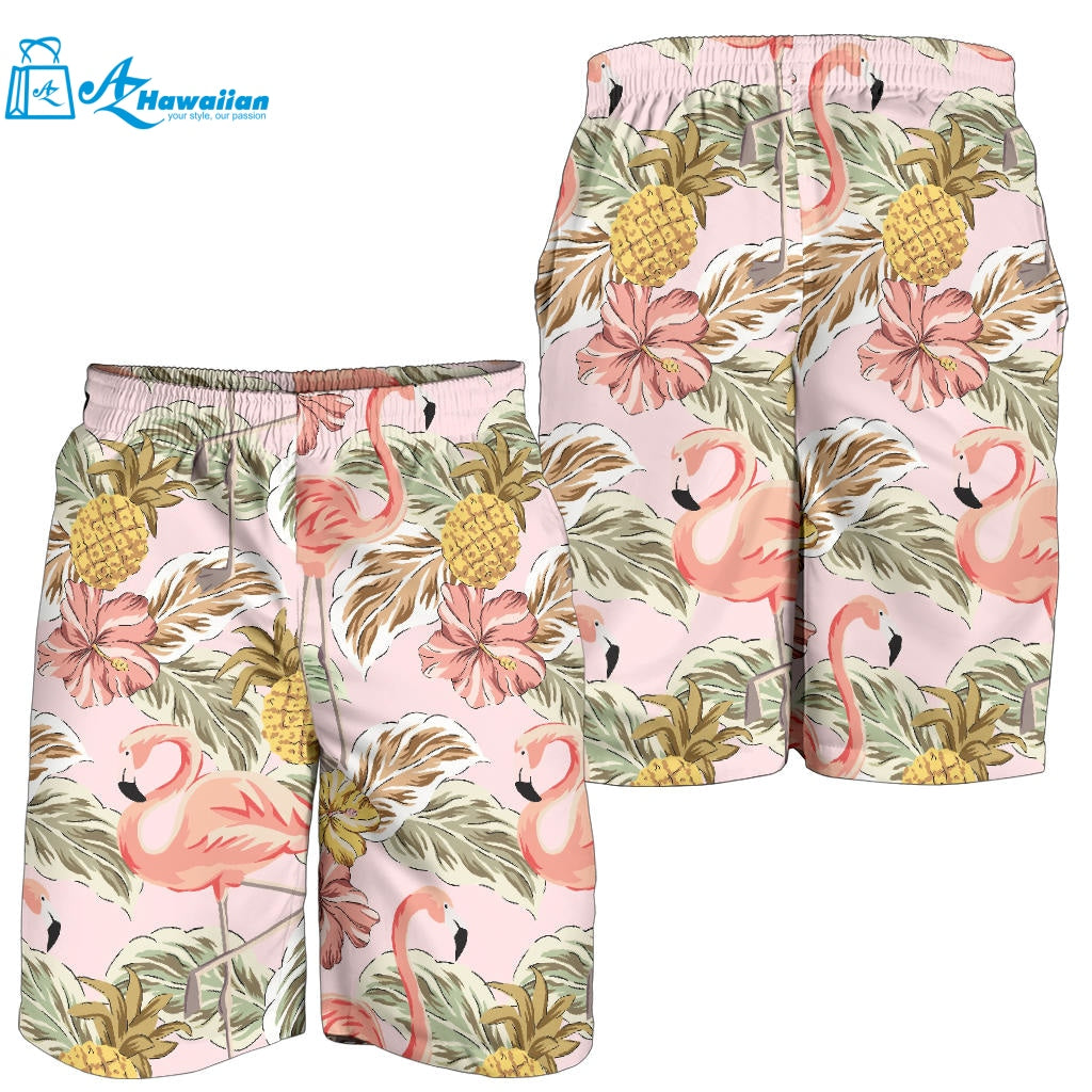 Pink Flamingo Birds Pineapples Hibiscus Flower Pattern Men Shorts