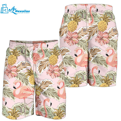 Pink Flamingo Birds Pineapples Hibiscus Flower Pattern Men Shorts