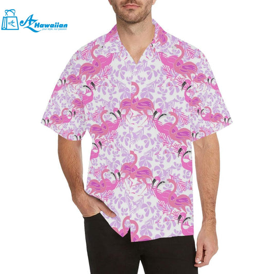 Pink Flamingo Flower Pattern Mens All Over Print Hawaiian Shirt