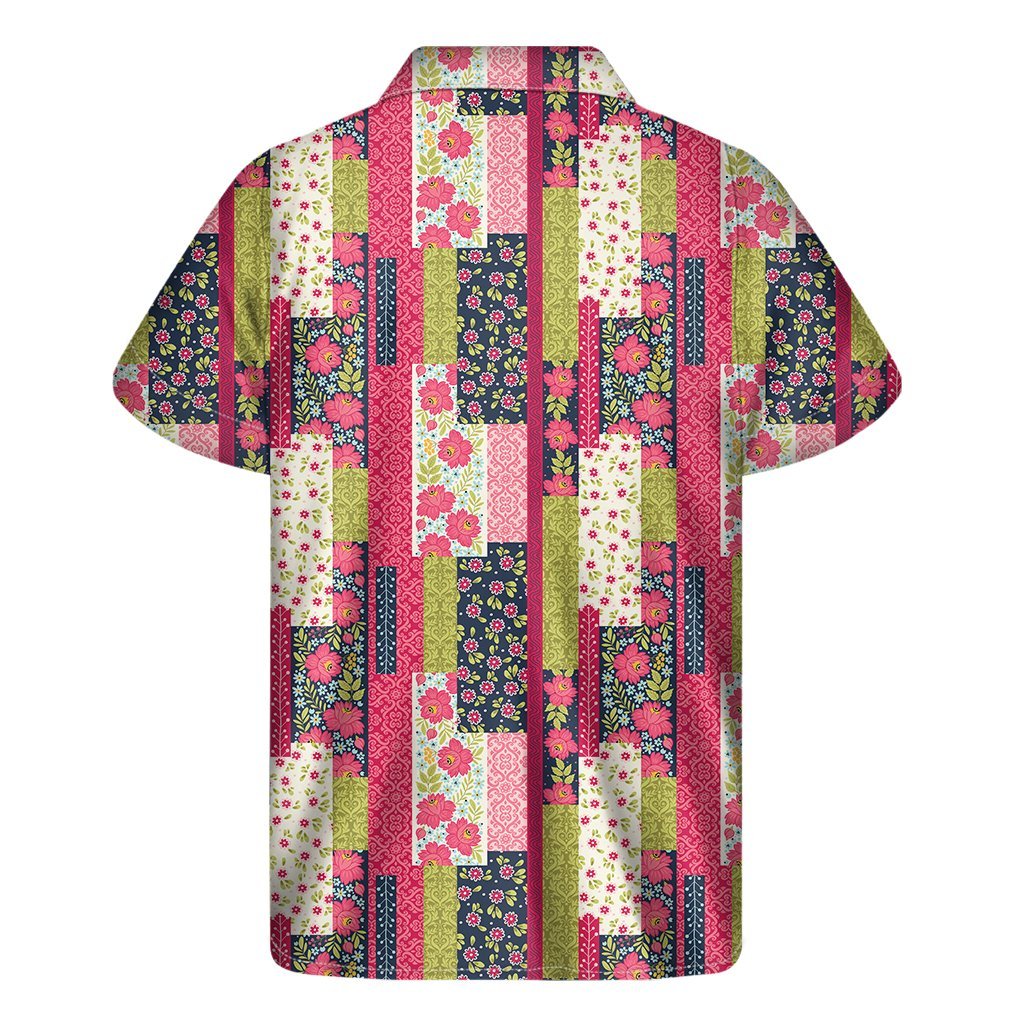 Pink Flower Patchwork Pattern Print Mens Short Sleeve Shirt Hawaiian