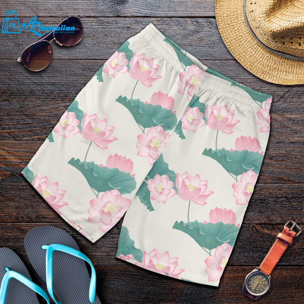 Pink Lotus Waterlily Leaves Pattern Men Shorts