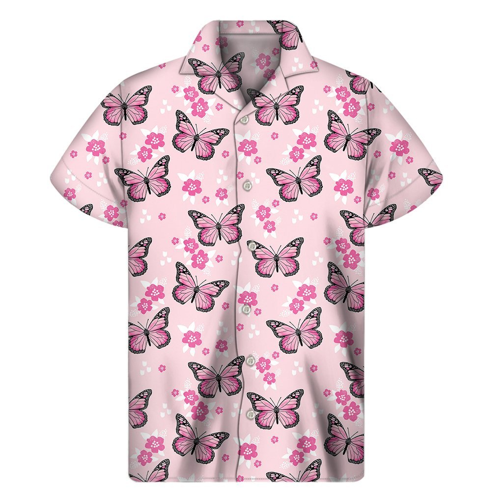 Pink Monarch Butterfly Pattern Print Mens Short Sleeve Shirt Hawaiian