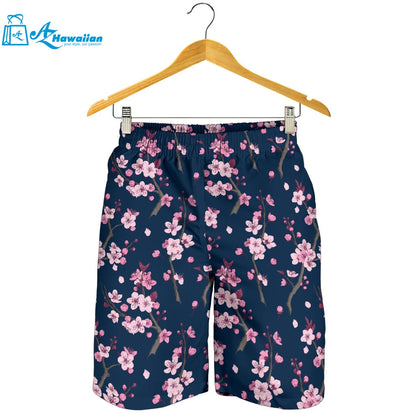 Pink Sakura Cherry Blossom Blue Background Men Shorts