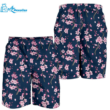 Pink Sakura Cherry Blossom Blue Background Men Shorts