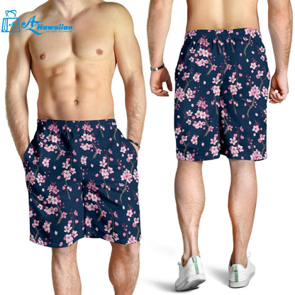 Pink Sakura Cherry Blossom Blue Background Men Shorts