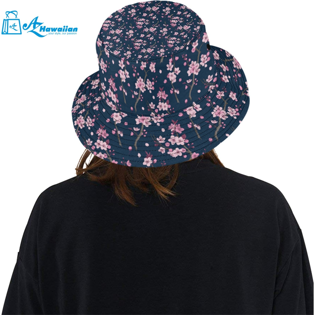 Pink sakura cherry blossom blue background Unisex Bucket Hat