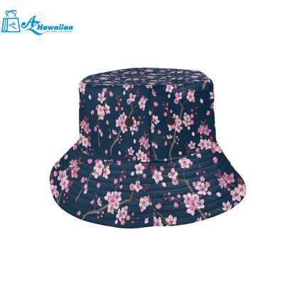 Pink sakura cherry blossom blue background Unisex Bucket Hat