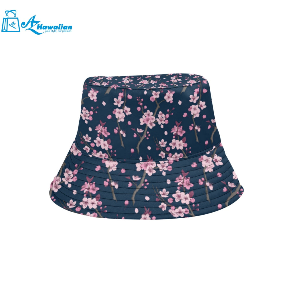 Pink sakura cherry blossom blue background Unisex Bucket Hat