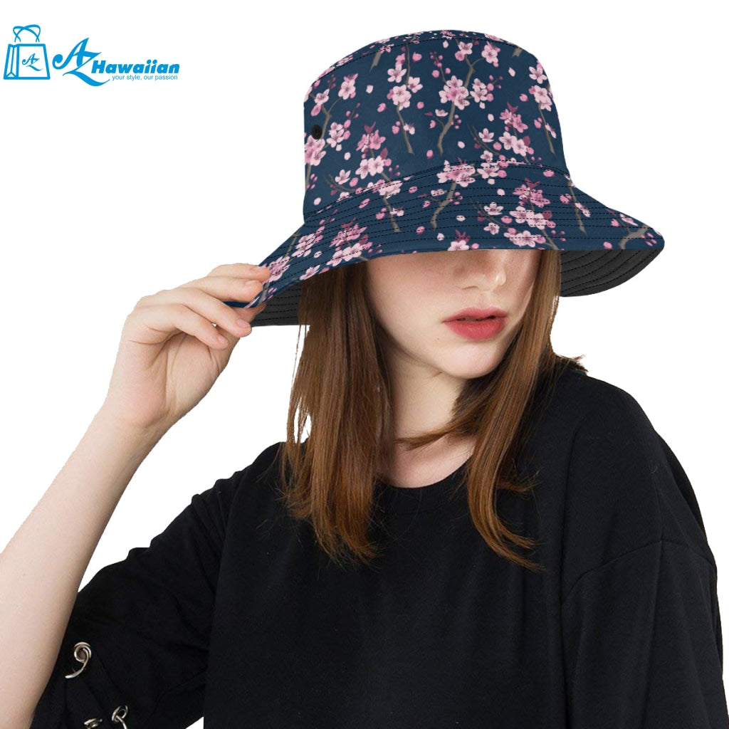 Pink sakura cherry blossom blue background Unisex Bucket Hat