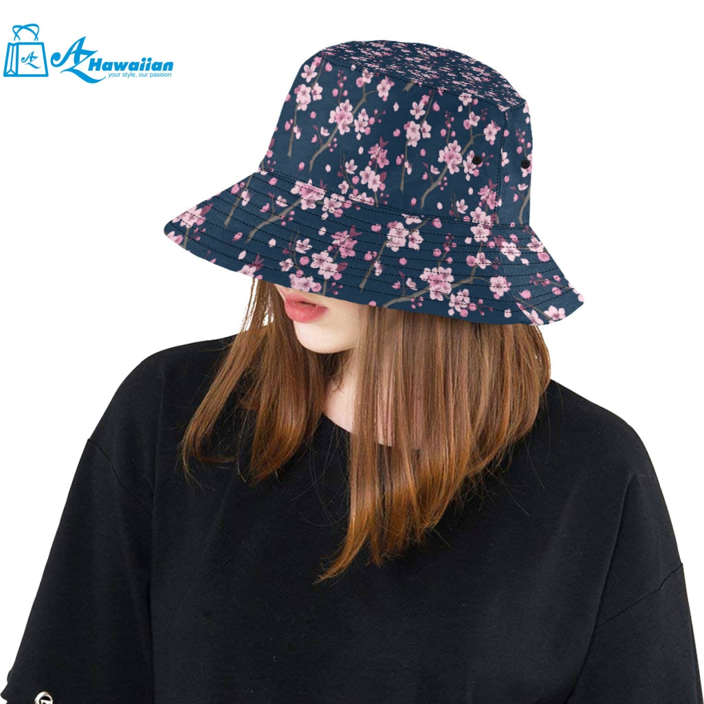 Pink sakura cherry blossom blue background Unisex Bucket Hat