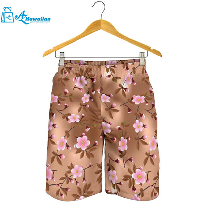 Pink Sakura Cherry Blossom Drak Brown Background Men Shorts