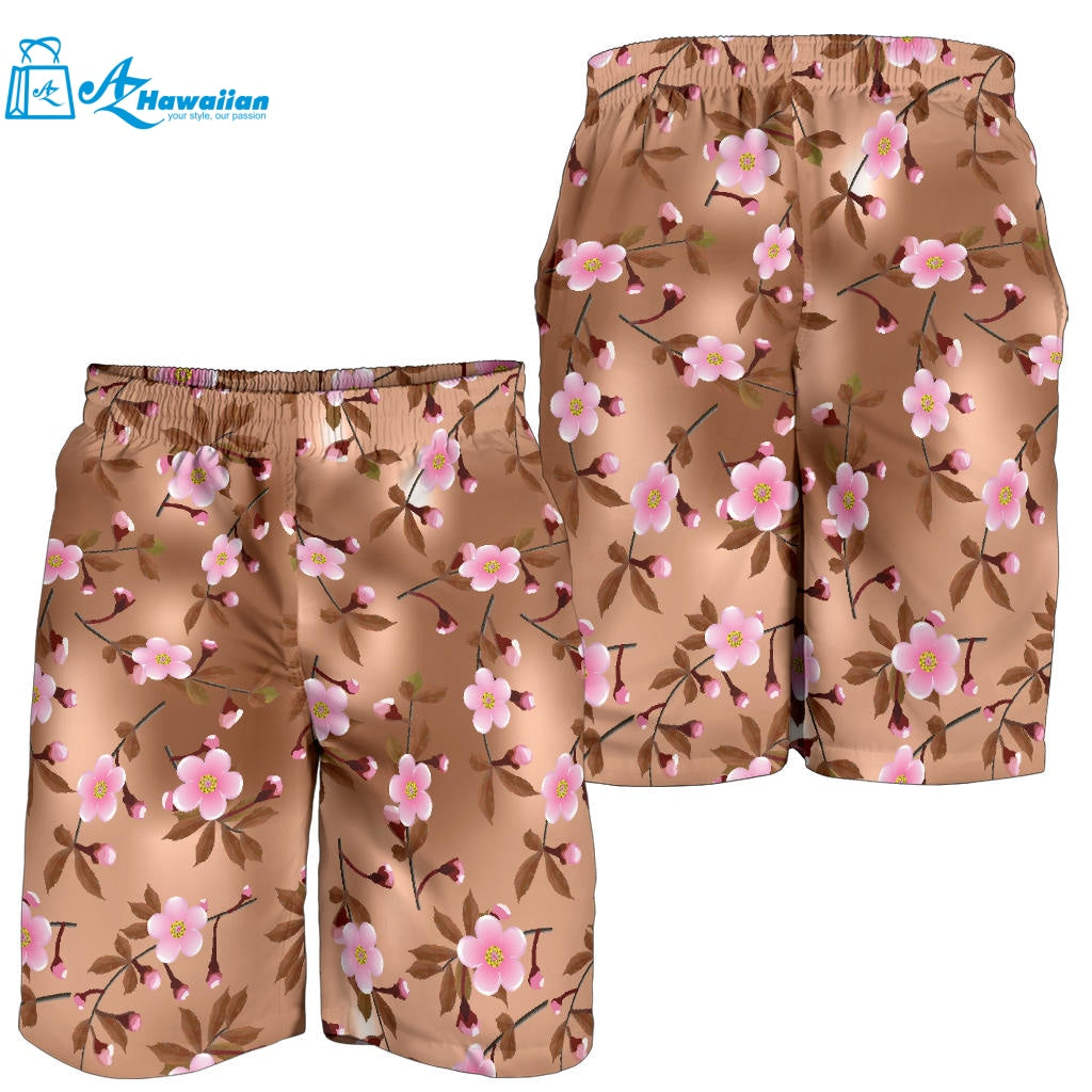 Pink Sakura Cherry Blossom Drak Brown Background Men Shorts