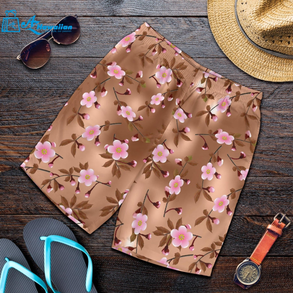 Pink Sakura Cherry Blossom Drak Brown Background Men Shorts