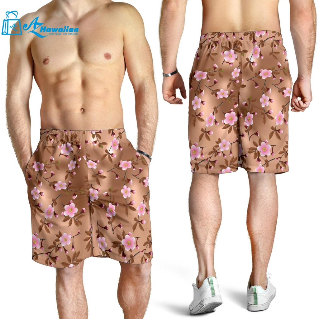 Pink Sakura Cherry Blossom Drak Brown Background Men Shorts