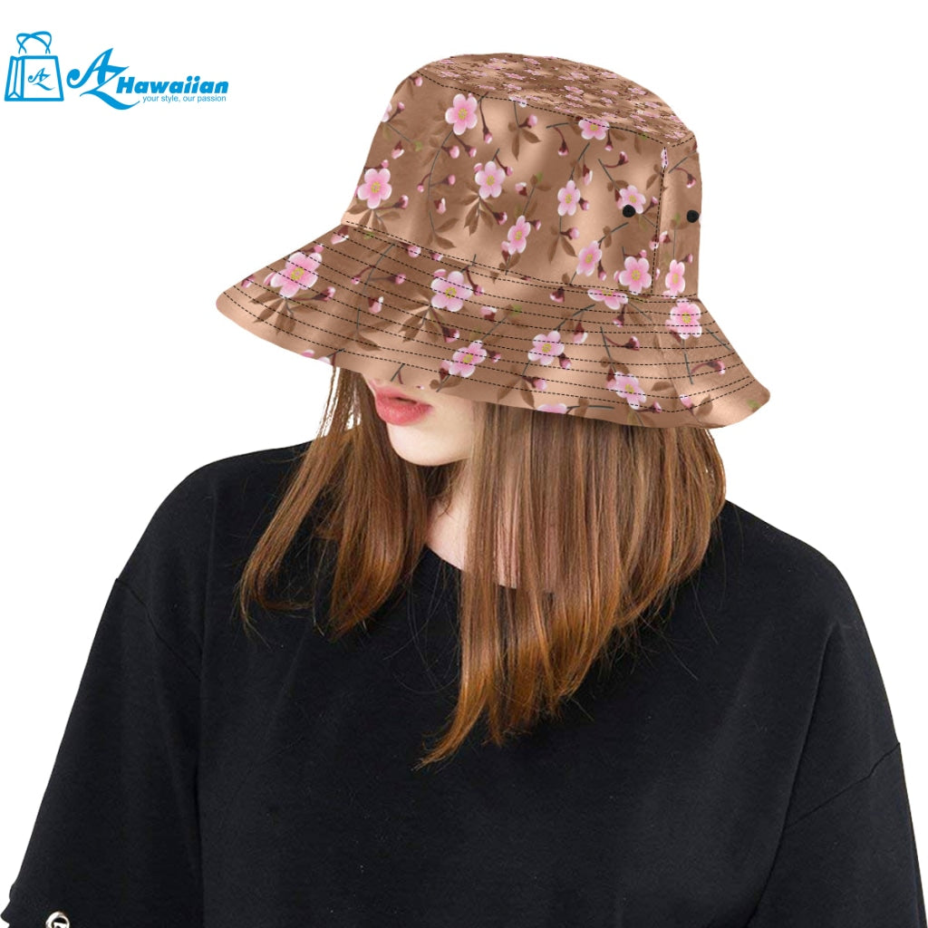 Pink sakura cherry blossom drak brown background Unisex Bucket Hat