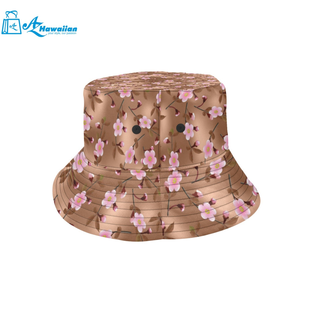 Pink sakura cherry blossom drak brown background Unisex Bucket Hat