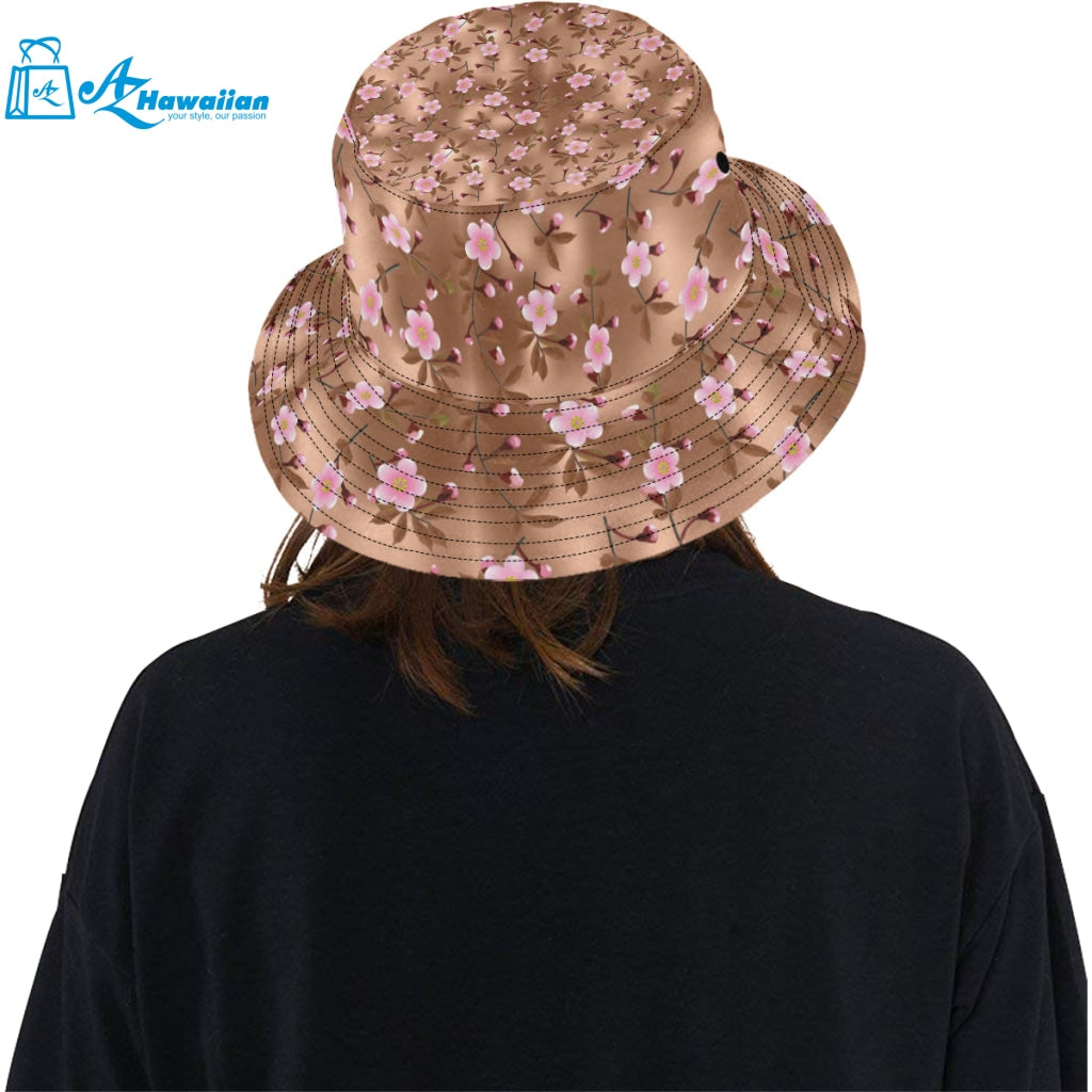 Pink sakura cherry blossom drak brown background Unisex Bucket Hat