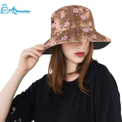 Pink sakura cherry blossom drak brown background Unisex Bucket Hat