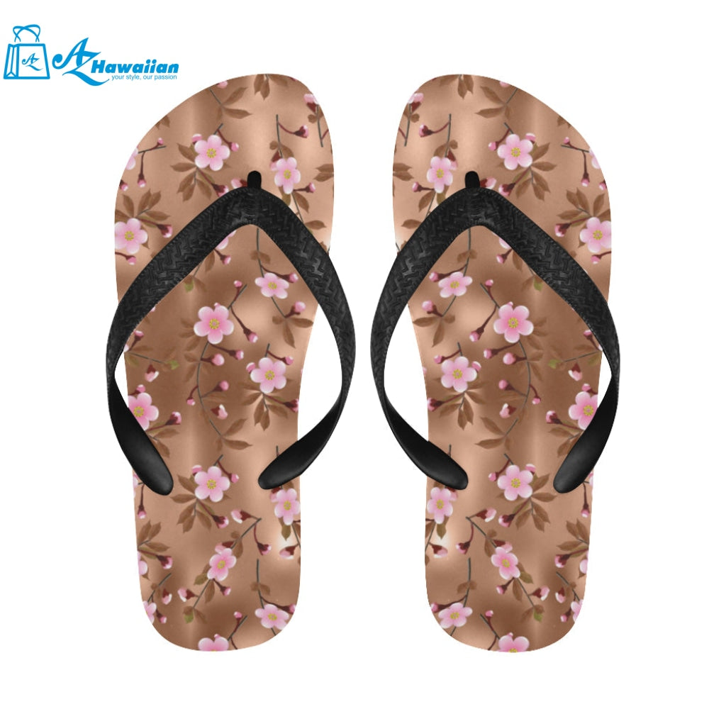 Pink sakura cherry blossom drak brown background Unisex Flip Flops