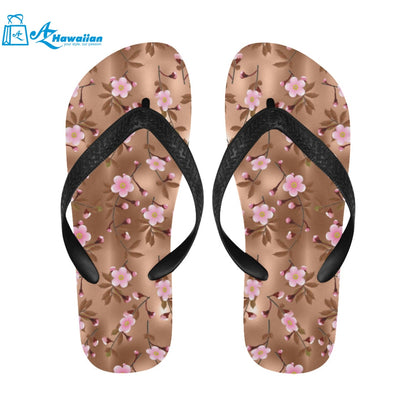 Pink sakura cherry blossom drak brown background Unisex Flip Flops