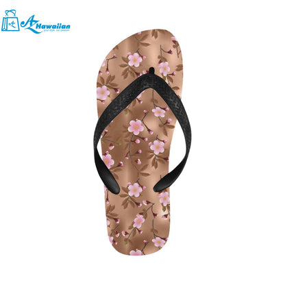 Pink sakura cherry blossom drak brown background Unisex Flip Flops