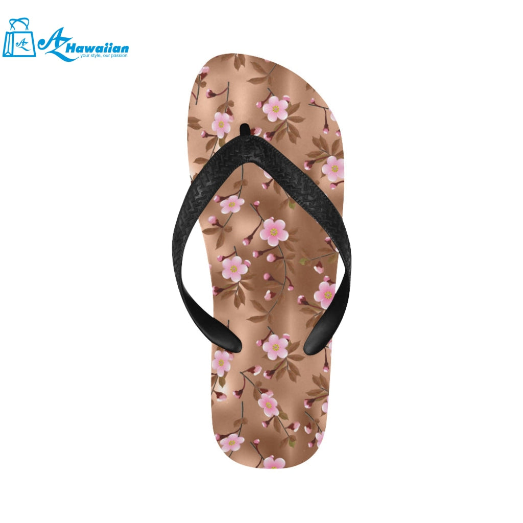 Pink sakura cherry blossom drak brown background Unisex Flip Flops