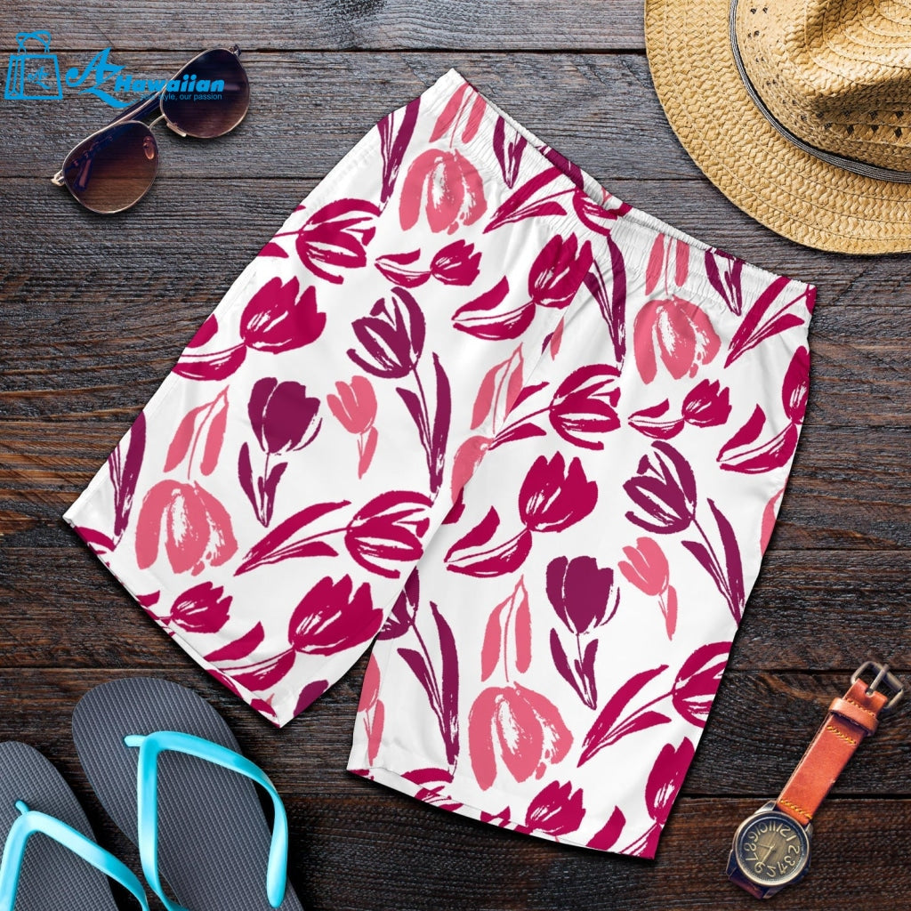 Pink Sketch Tulip Pattern Men Shorts