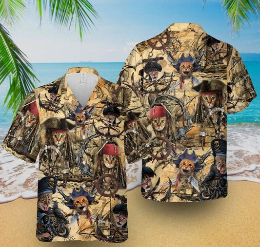 Pirate Cat Hawaiian Graphic Print Short Sleeve Hawaiian Shirt