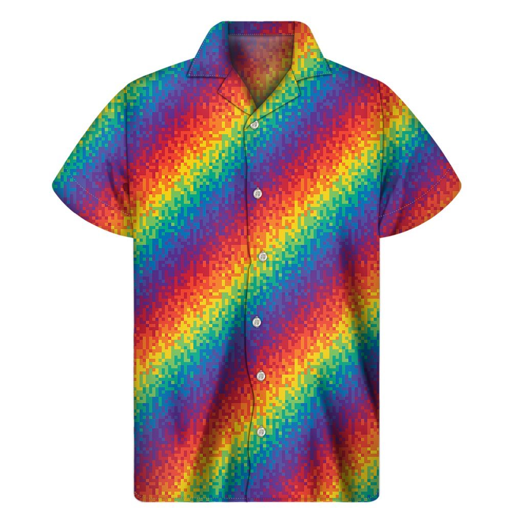 Pixel Rainbow Pattern Print Mens Short Sleeve Shirt Hawaiian