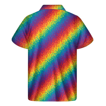 Pixel Rainbow Pattern Print Mens Short Sleeve Shirt Hawaiian
