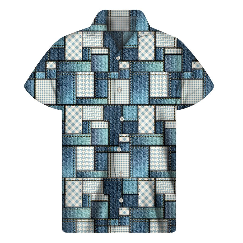 Plaid And Denim Patchwork Pattern Print Mens Short Sleeve Shirt Hawaiian