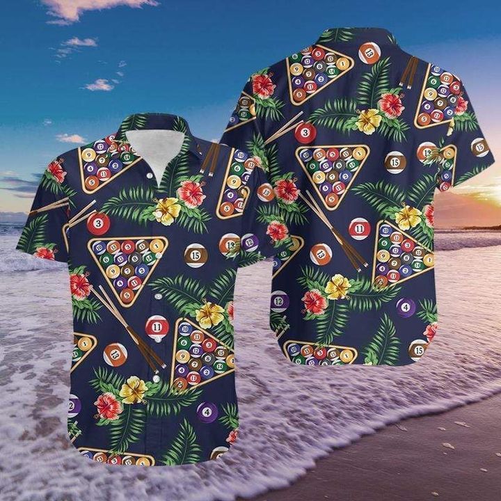 Pool Billiard Tropical Hawaiian Graphic Print Short Sleeve 