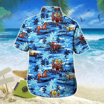 Hawaiian Aloha Shirts Horse Racing Blue Palm Tree