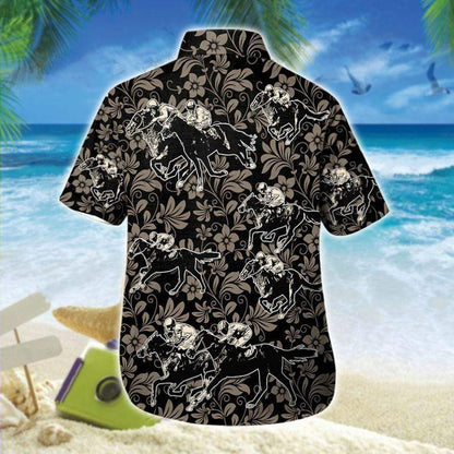 Hawaiian Aloha Shirts Horse Racing Black Flowers