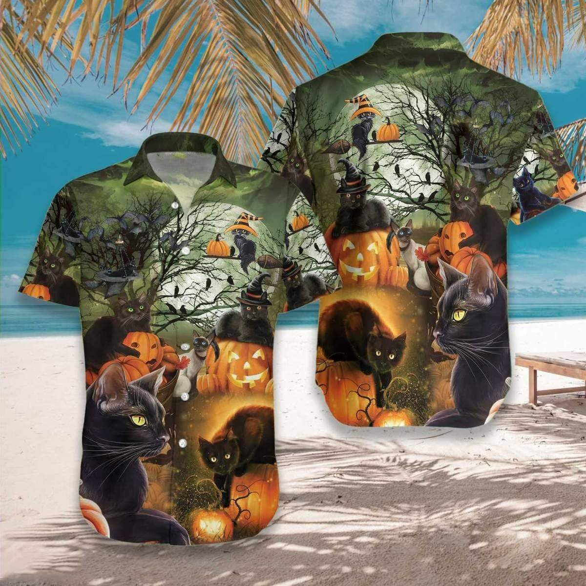 Hawaiian Aloha Shirts Black Cat And The Pumpkin Halloween